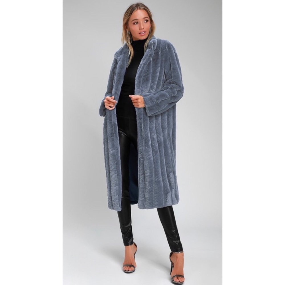 Lulus Cozy Queen Slate Blue Faux Fur Long Coat.